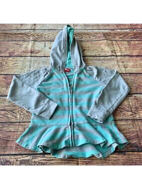 Puma Sport Lifestyle Girls Hoodie Gray Aqua Stripe Embellish Stars Ruffle Hem 5